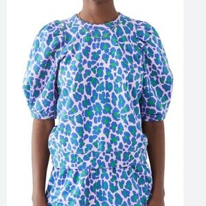 Clare V Blue and Green Patterned Short Sleeve Top